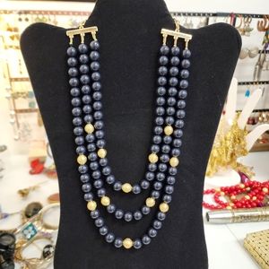 Vintage Talbots Navy Blue & Goldtone Beaded 3 Strand Necklace NWOT